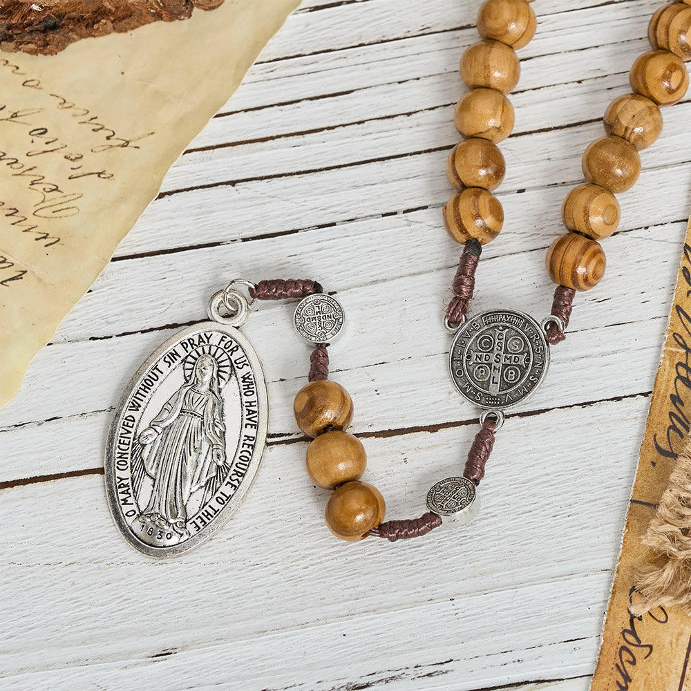 Natural Grain Wooden Bead Cord Rosary With St.Benedict / Our Lady / Finger Rosary Pendant