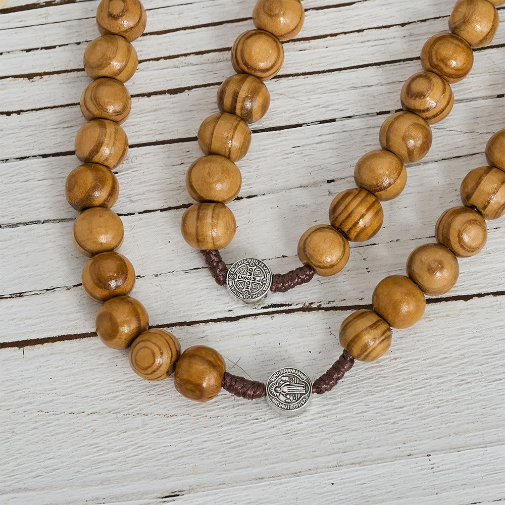 Natural Grain Wooden Bead Cord Rosary With St.Benedict / Our Lady / Finger Rosary Pendant