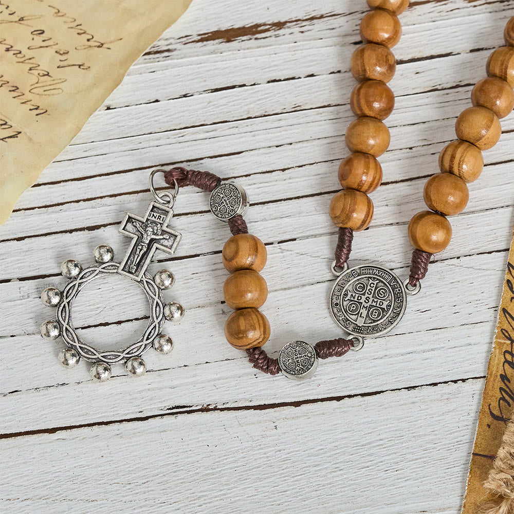 Natural Grain Wooden Bead Cord Rosary With St.Benedict / Our Lady / Finger Rosary Pendant
