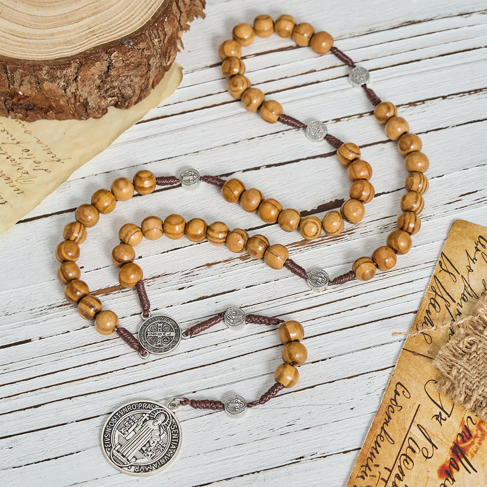 Natural Grain Wooden Bead Cord Rosary With St.Benedict / Our Lady / Finger Rosary Pendant