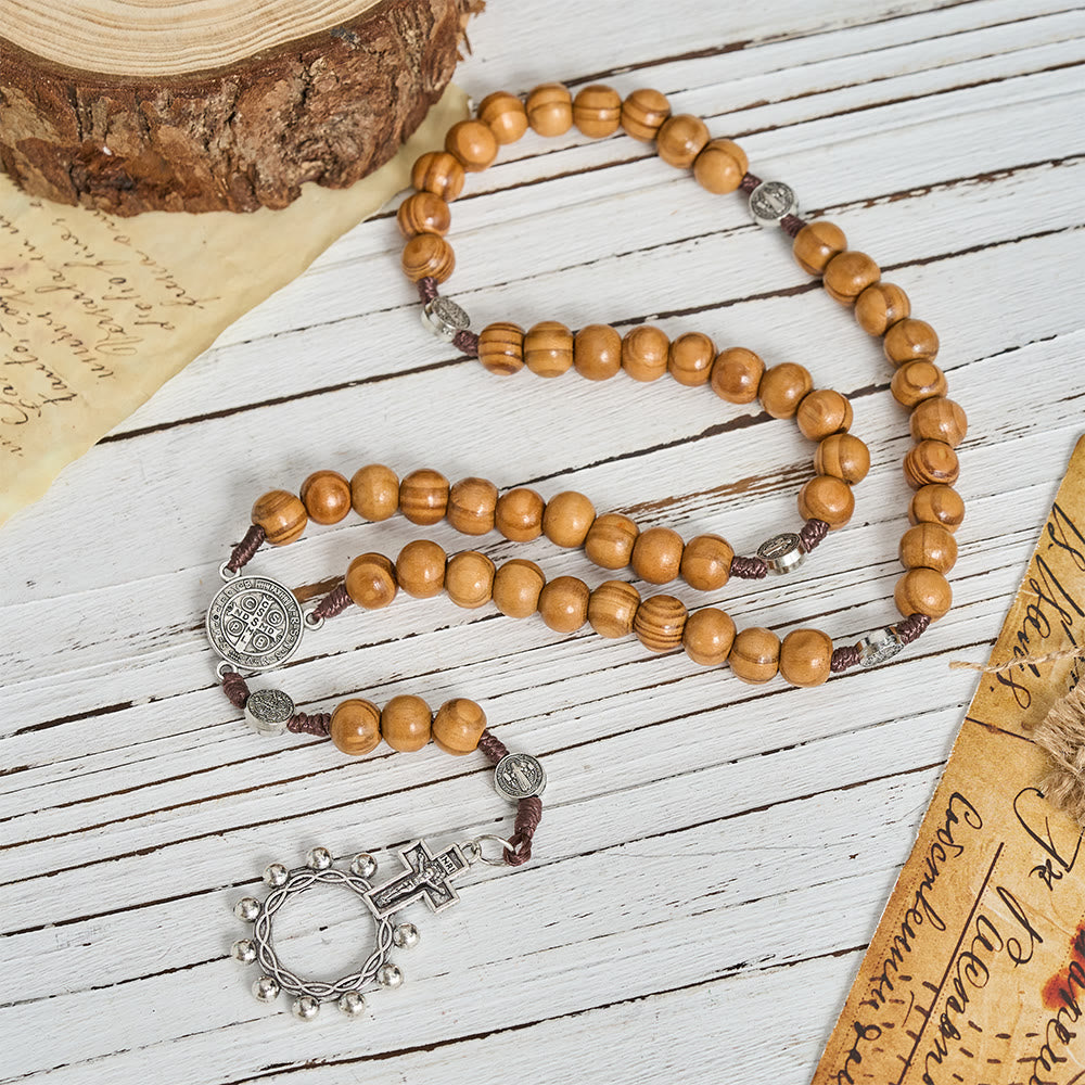 Natural Grain Wooden Bead Cord Rosary With St.Benedict / Our Lady / Finger Rosary Pendant