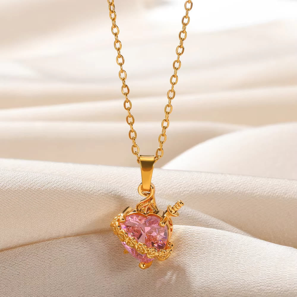 Pink Sacred Heart Rose Dagger Pendant Necklace: Timeless Emblem of Sacred Vow and Devoted Affection