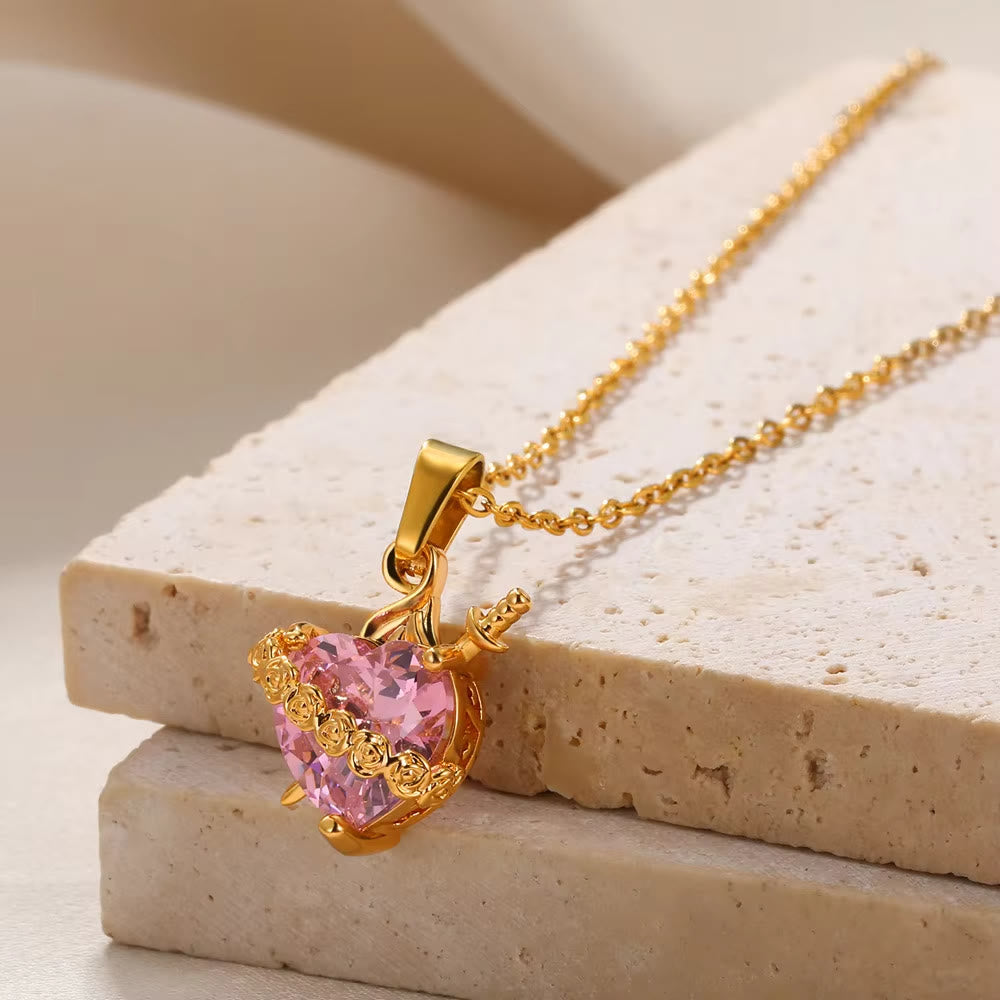 Pink Sacred Heart Rose Dagger Pendant Necklace: Timeless Emblem of Sacred Vow and Devoted Affection