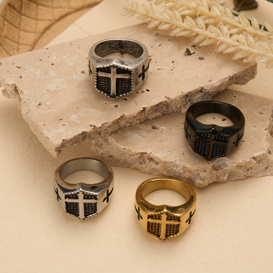 Shield Cross Embossed Signet Ring: Timeless Emblem of Unshakable Sacred Faith