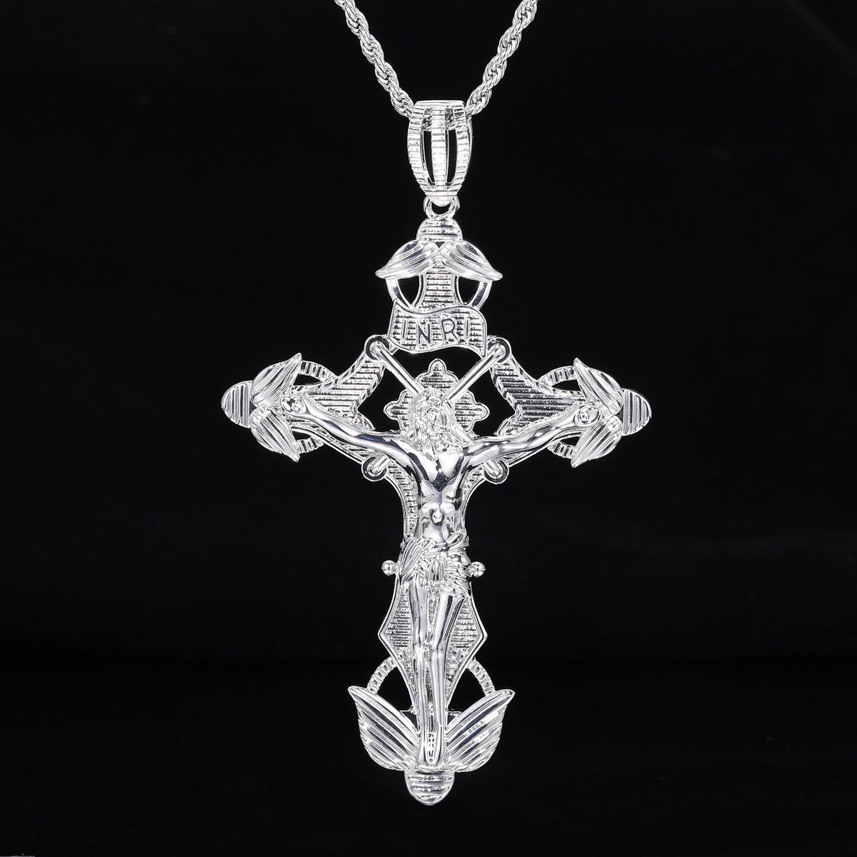 Detailed Carved Winged Crucifix Rope Chain Necklace: Graceful Token of Gentle Heavenly Mercy
