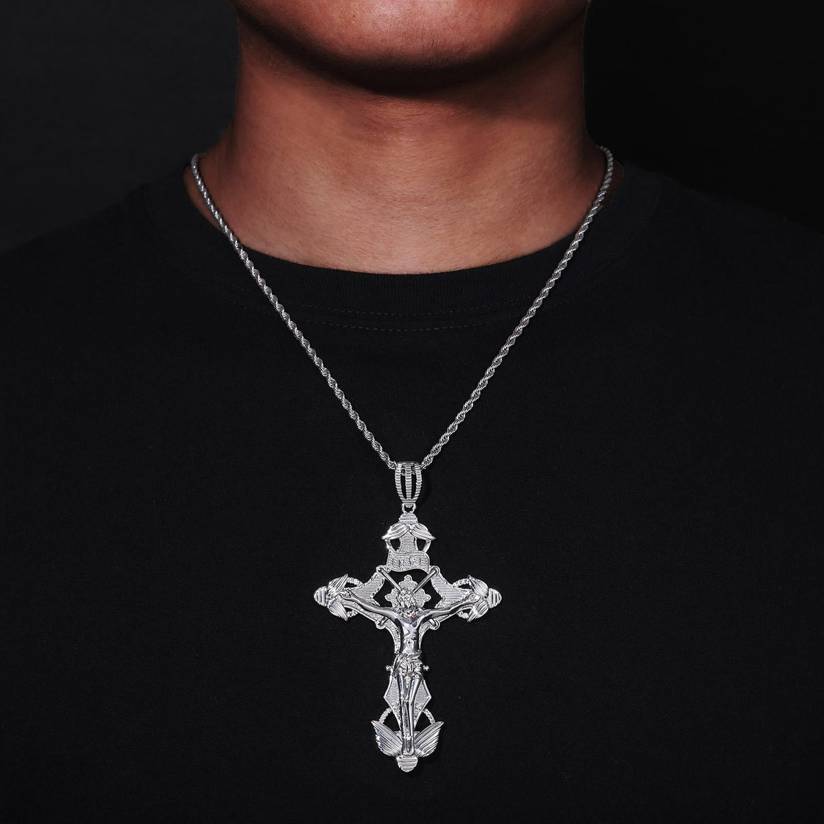 Detailed Carved Winged Crucifix Rope Chain Necklace: Graceful Token of Gentle Heavenly Mercy