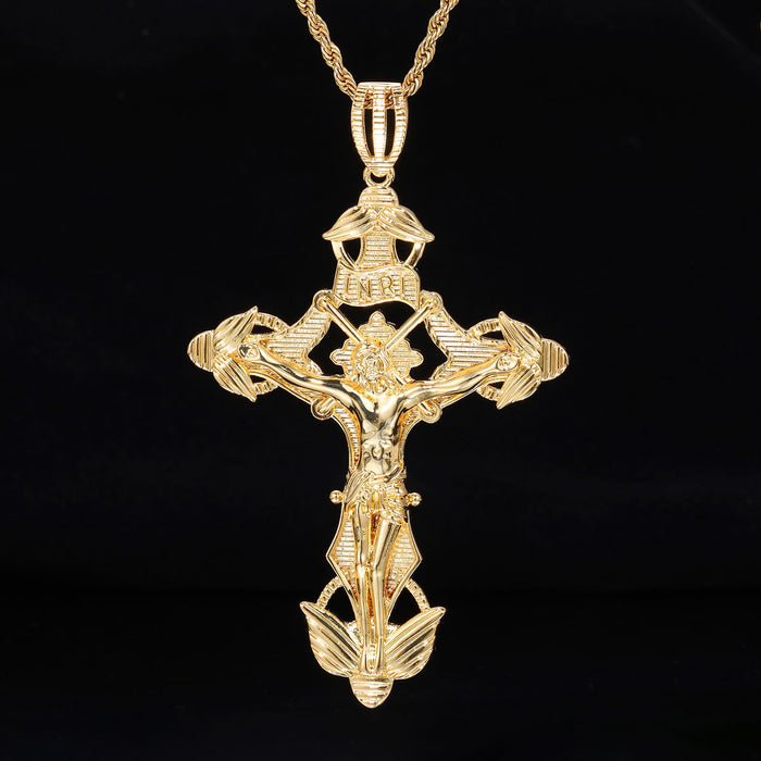 Detailed Carved Winged Crucifix Rope Chain Necklace: Graceful Token of Gentle Heavenly Mercy