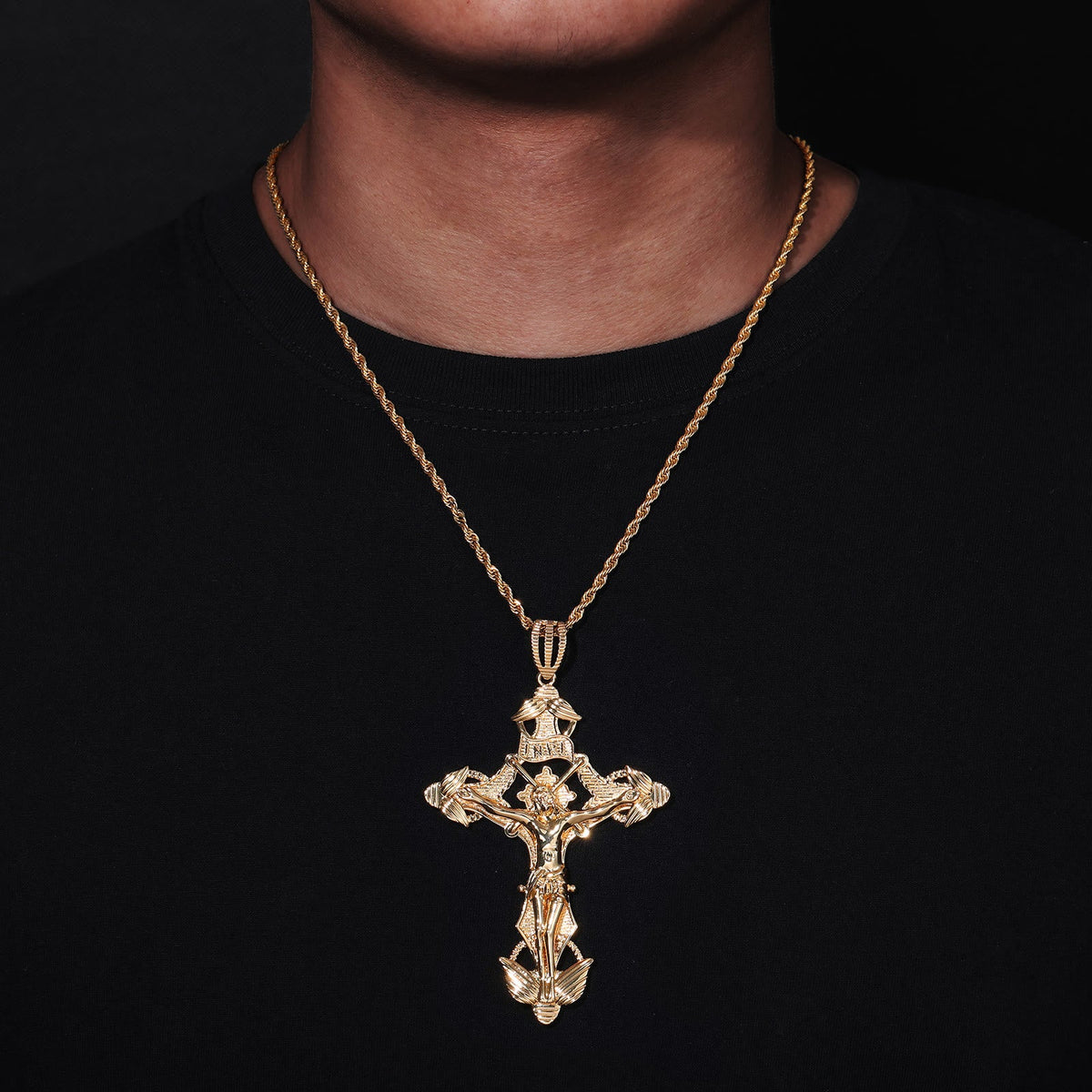 Detailed Carved Winged Crucifix Rope Chain Necklace: Graceful Token of Gentle Heavenly Mercy