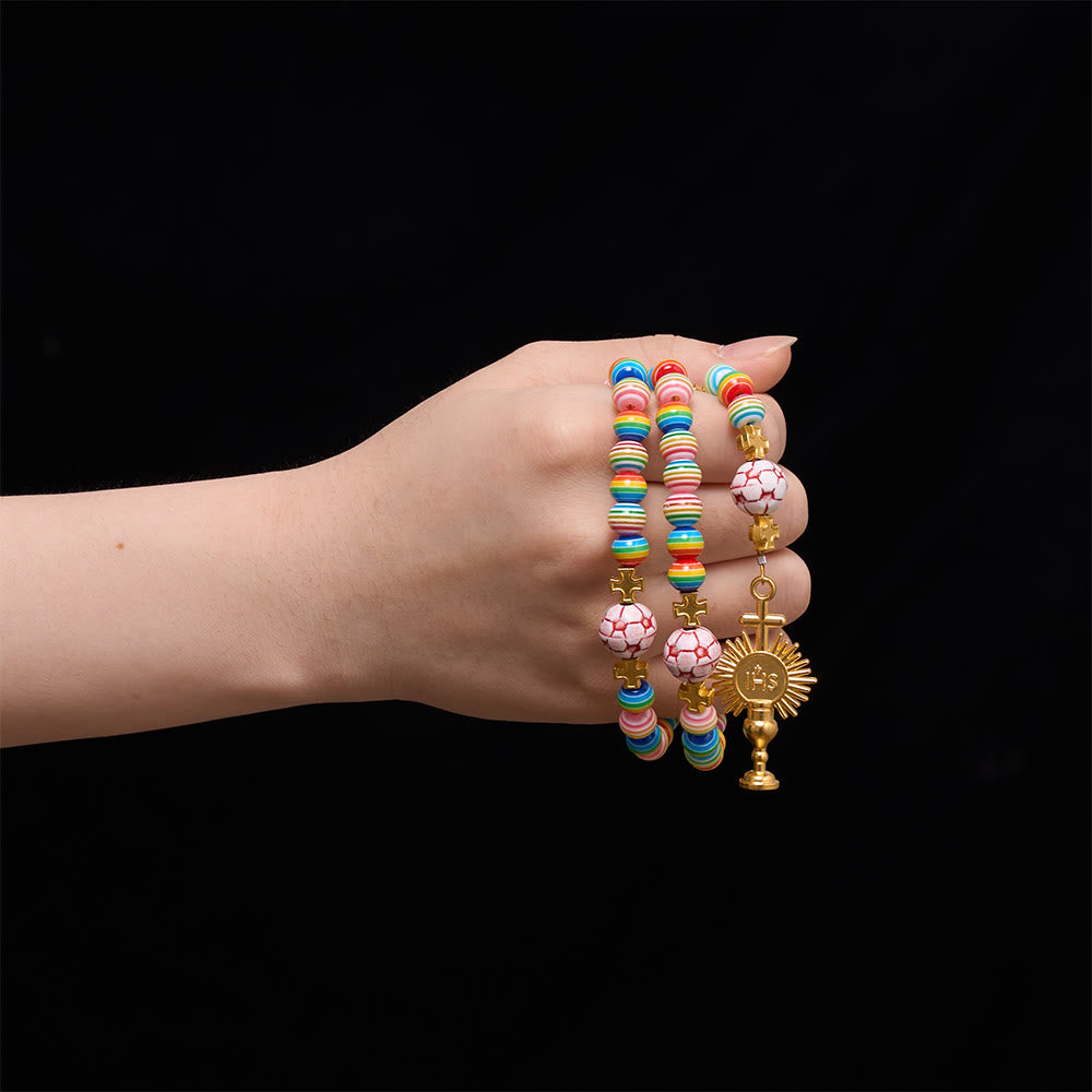 Rainbow Soccer Bead with Holy Grail & Monstrance Prayer Rosary