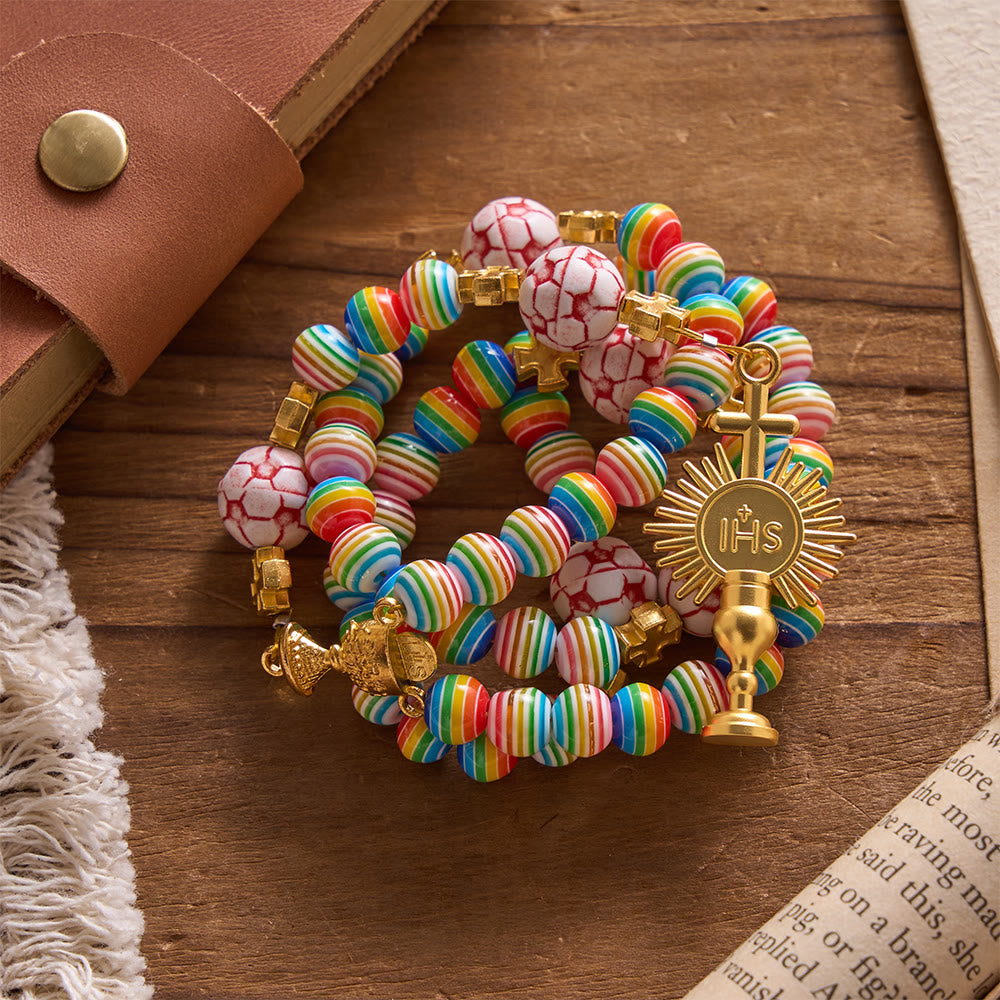 Rainbow Soccer Bead with Holy Grail & Monstrance Prayer Rosary