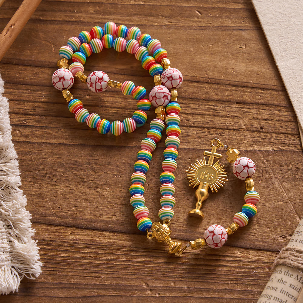 Rainbow Soccer Bead with Holy Grail & Monstrance Prayer Rosary
