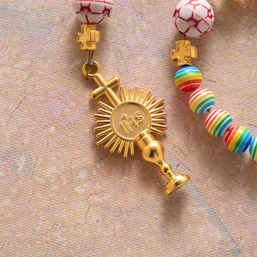 Rainbow Soccer Bead with Holy Grail & Monstrance Prayer Rosary