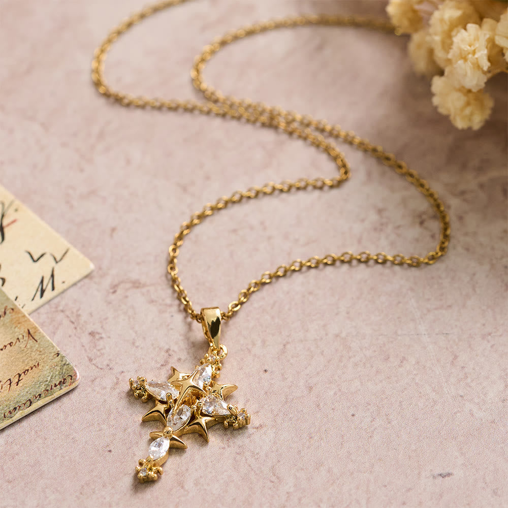 Star Accent Marquise Crystal Sacred Cross Pendant Necklace: Timeless Emblem of Radiant Heavenly Faith