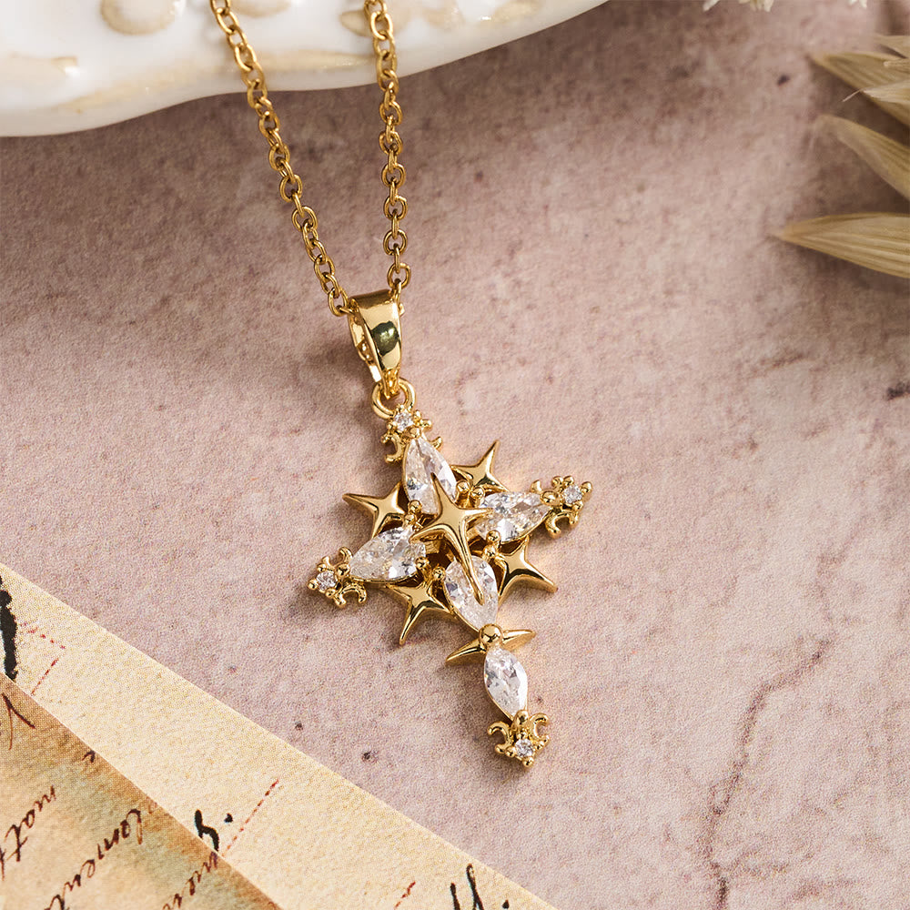 Star Accent Marquise Crystal Sacred Cross Pendant Necklace: Timeless Emblem of Radiant Heavenly Faith