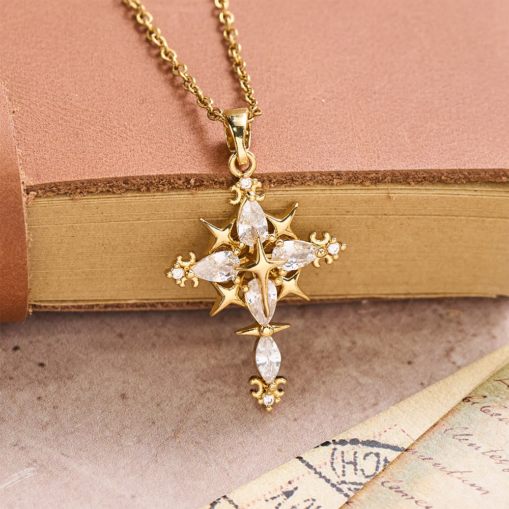 Star Accent Marquise Crystal Sacred Cross Pendant Necklace: Timeless Emblem of Radiant Heavenly Faith