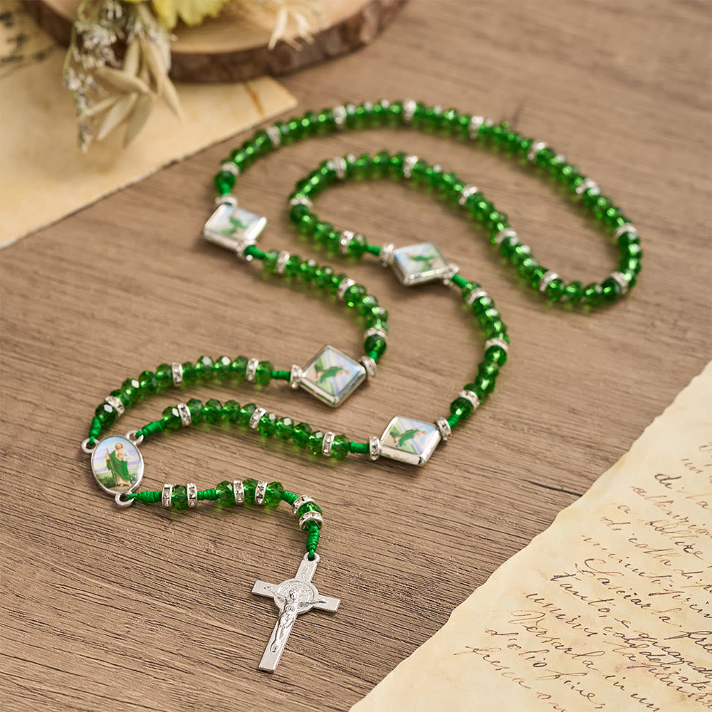 Emerald Transparent Round Bead Rosary With St. Patrick Saint Portrait Plaques & INRI Crucifix