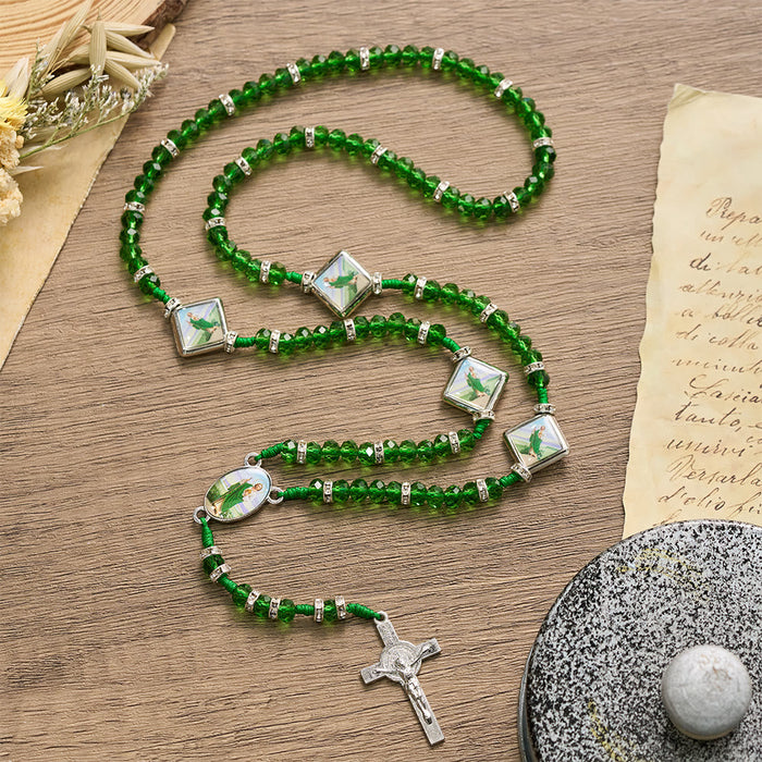 Emerald Transparent Round Bead Rosary With St. Patrick Saint Portrait Plaques & INRI Crucifix