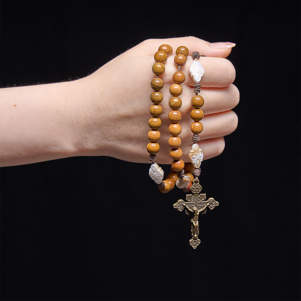 Natural Green Sandalwood Bead Cord Rosary With St.Benedict Medal Floral Frame Crucifix