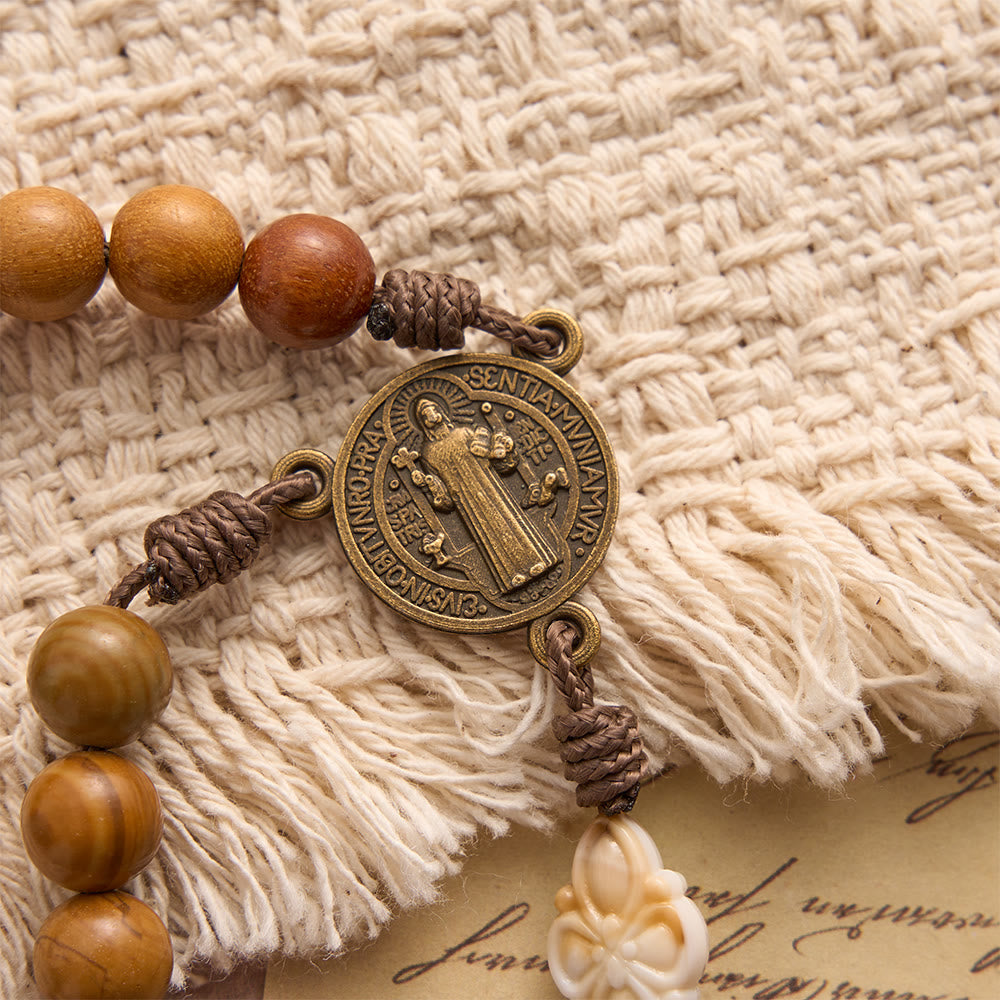 Natural Green Sandalwood Bead Cord Rosary With St.Benedict Medal Floral Frame Crucifix