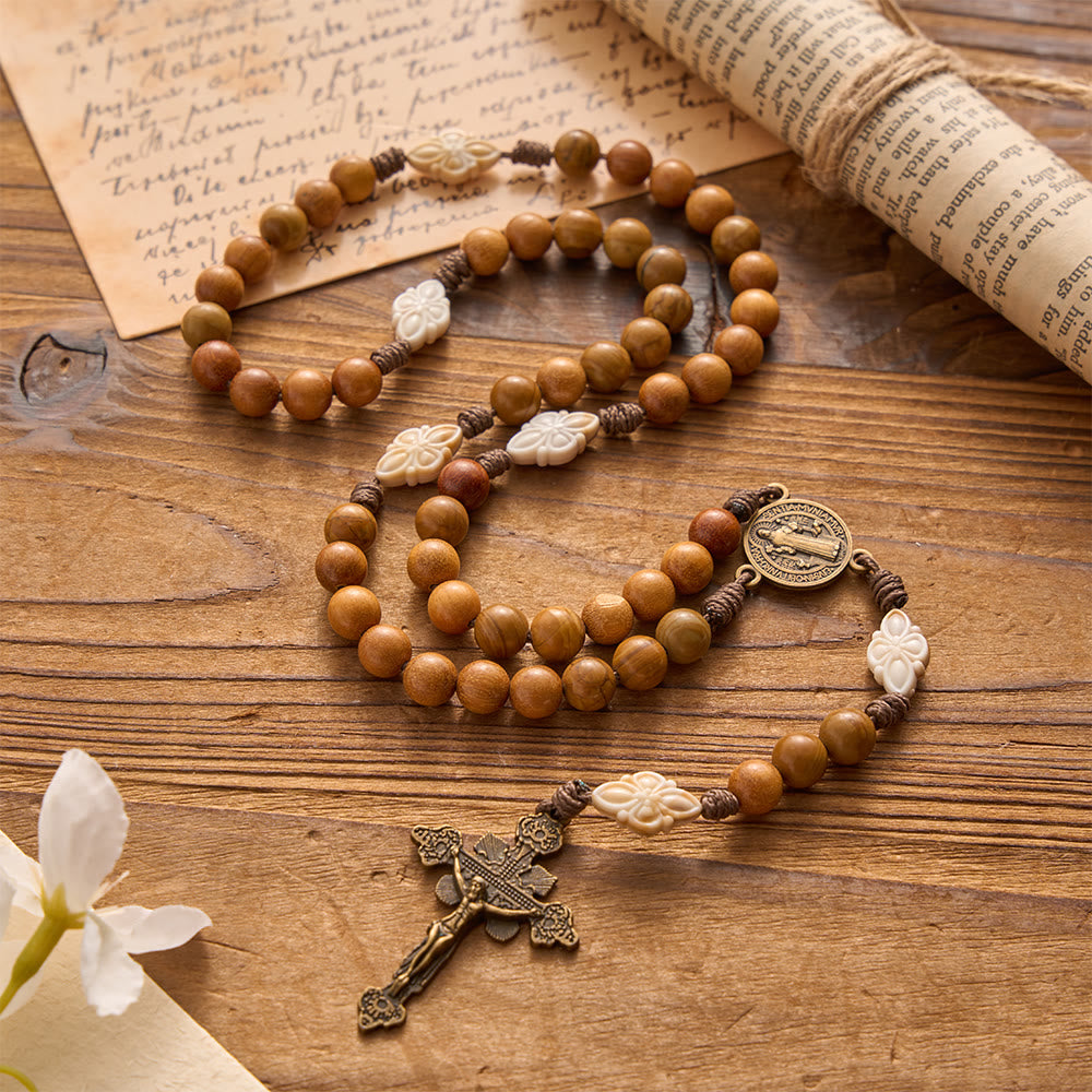 Natural Green Sandalwood Bead Cord Rosary With St.Benedict Medal Floral Frame Crucifix