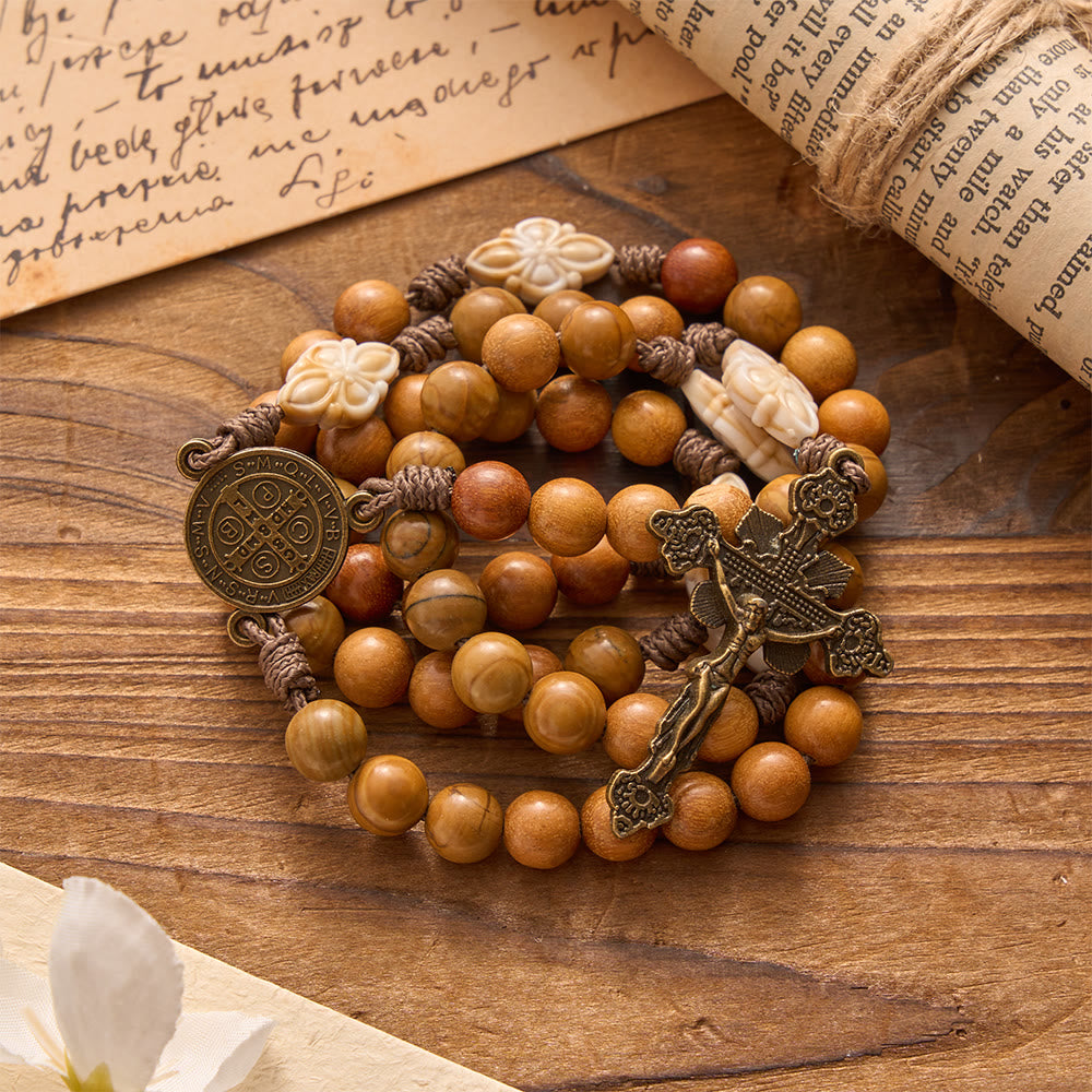Natural Green Sandalwood Bead Cord Rosary With St.Benedict Medal Floral Frame Crucifix