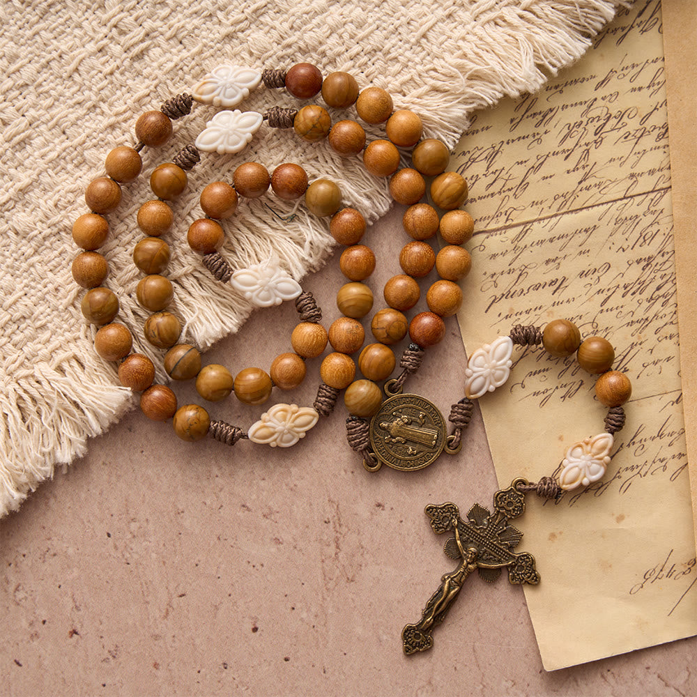 Natural Green Sandalwood Bead Cord Rosary With St.Benedict Medal Floral Frame Crucifix