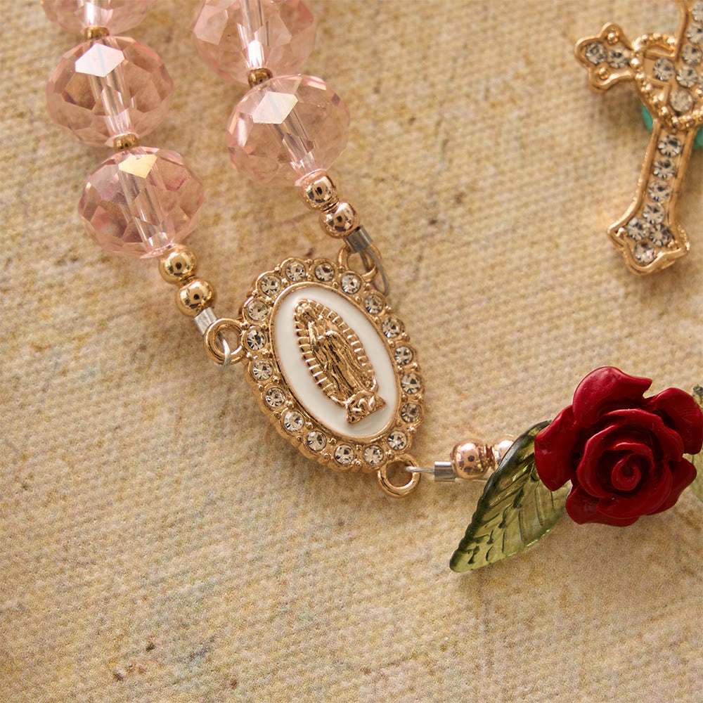 Faceted Pink Glass Bead Handmade Rose Our Lady of Guadalupe with Crucifix Prayer Rosary