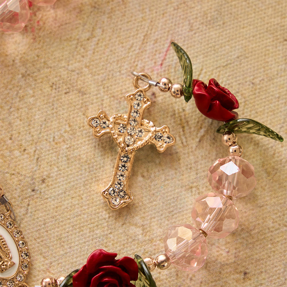 Faceted Pink Glass Bead Handmade Rose Our Lady of Guadalupe with Crucifix Prayer Rosary