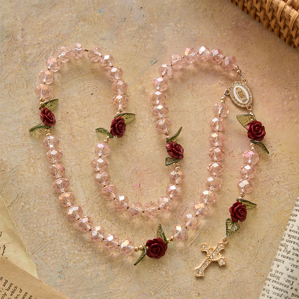 Faceted Pink Glass Bead Handmade Rose Our Lady of Guadalupe with Crucifix Prayer Rosary