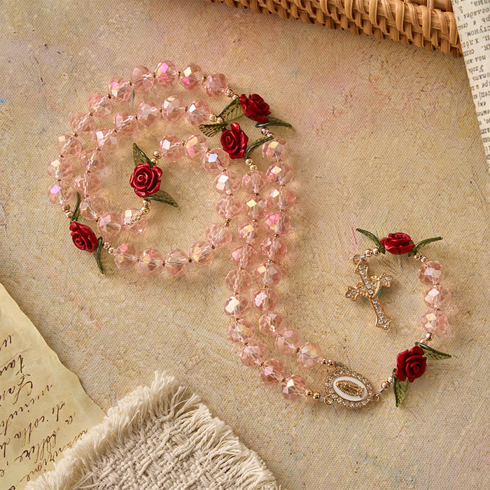 Faceted Pink Glass Bead Handmade Rose Our Lady of Guadalupe with Crucifix Prayer Rosary