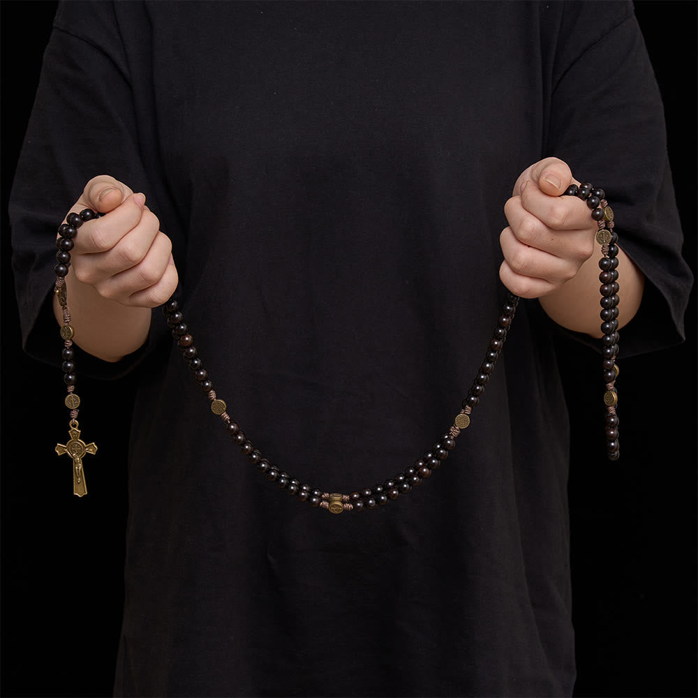 15 Decade Polished Ebony Wood Bead Full St.Benedict Engraved Rosary