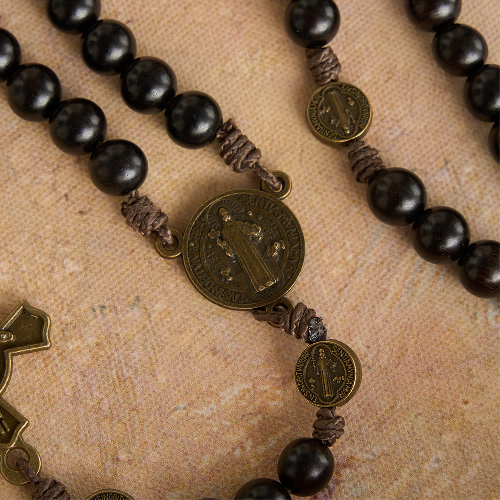 15 Decade Polished Ebony Wood Bead Full St.Benedict Engraved Rosary