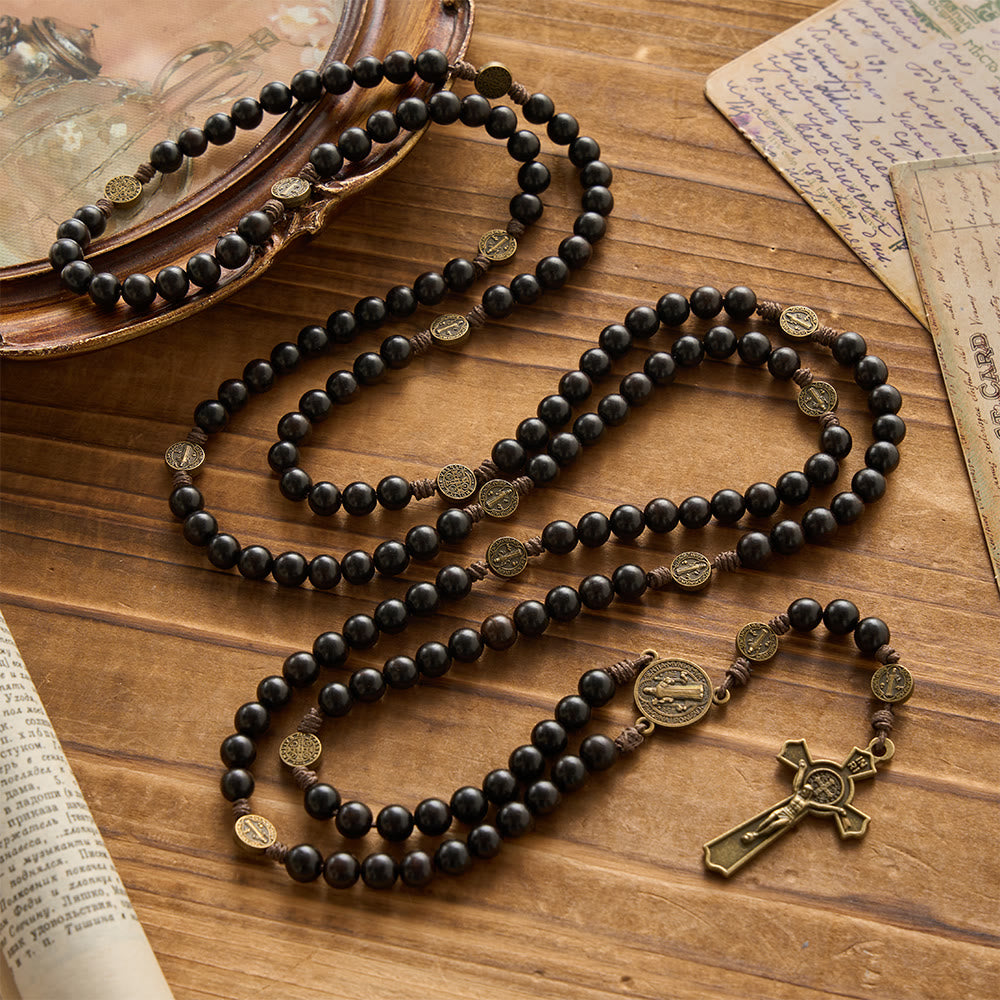 15 Decade Polished Ebony Wood Bead Full St.Benedict Engraved Rosary