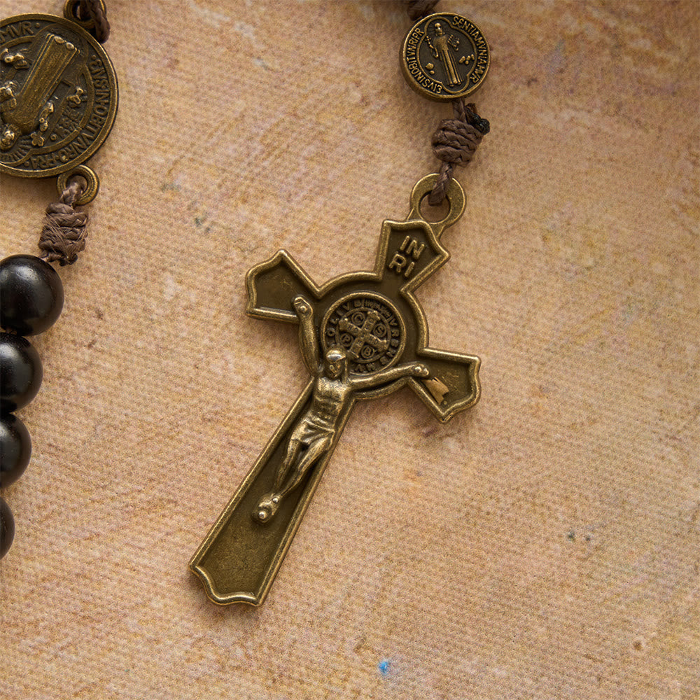 15 Decade Polished Ebony Wood Bead Full St.Benedict Engraved Rosary