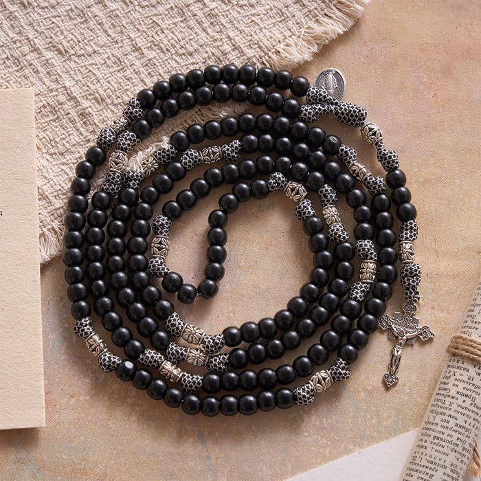 15 Decade Paracord Matte Black Bead Carved Floral Spacer Sacred Rosary