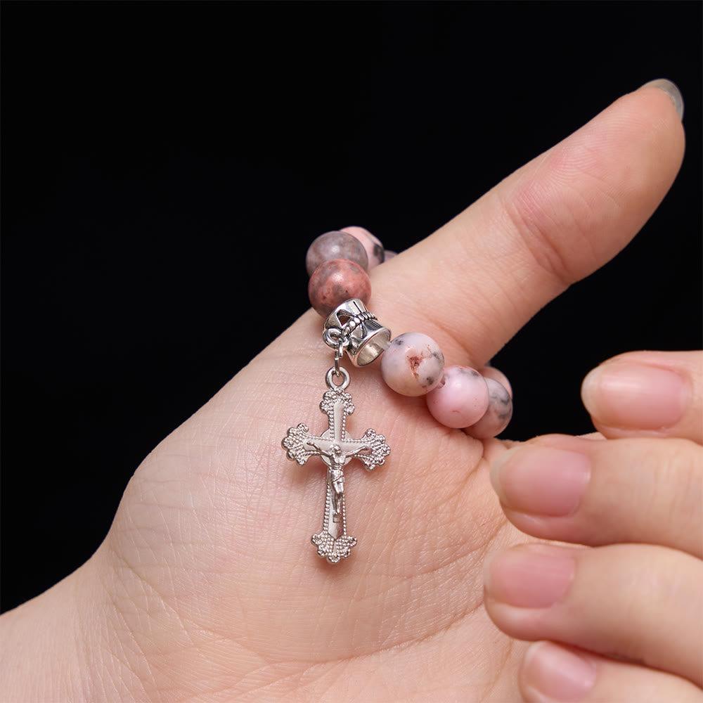 Natural Veined Pink Opal Floral Border Crucifix Finger Rosary