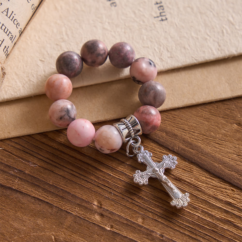 Natural Veined Pink Opal Floral Border Crucifix Finger Rosary