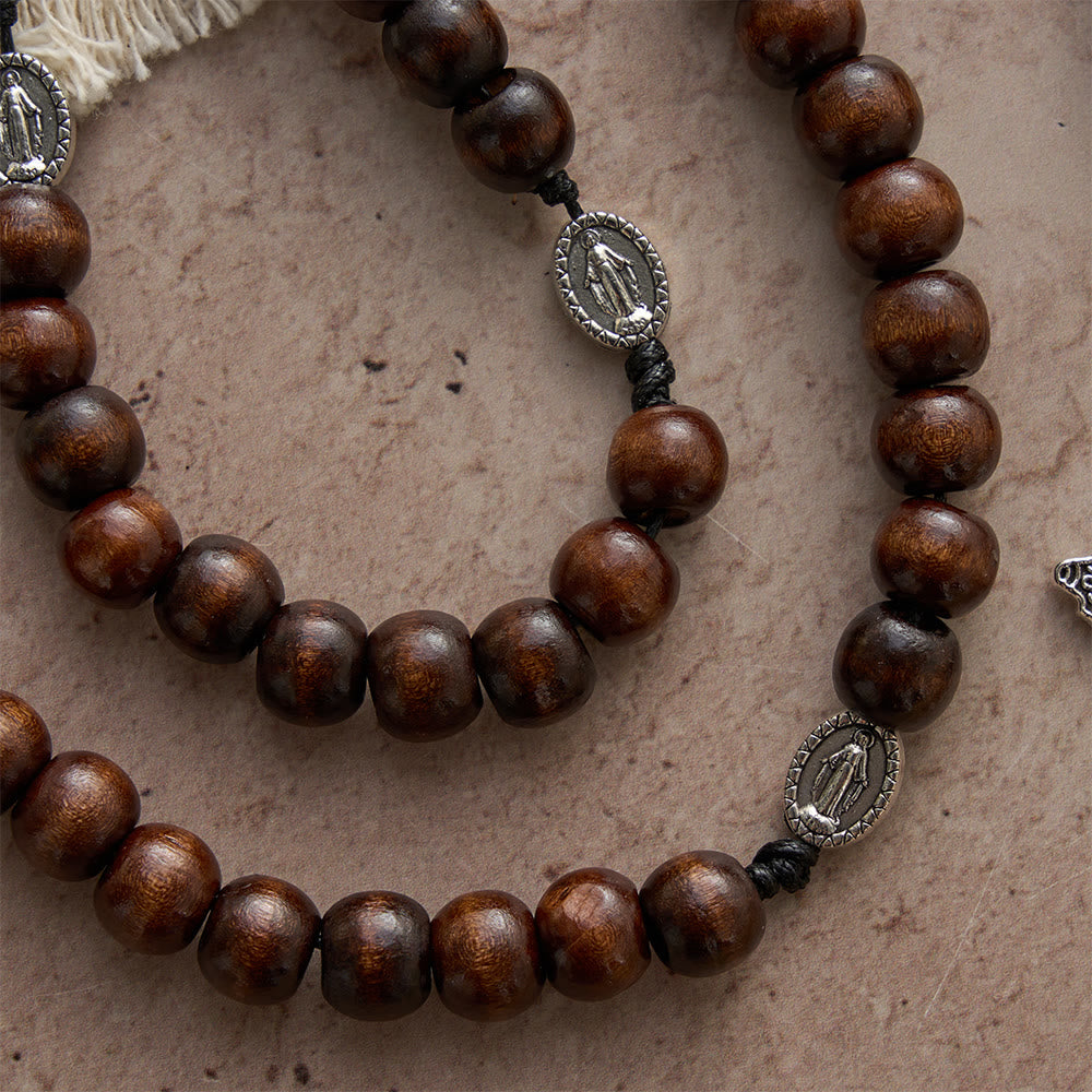 5/15/20 Decade Polished Natural Wood Bead Floral Frame Our Lady & Carved Crucifix Rosary