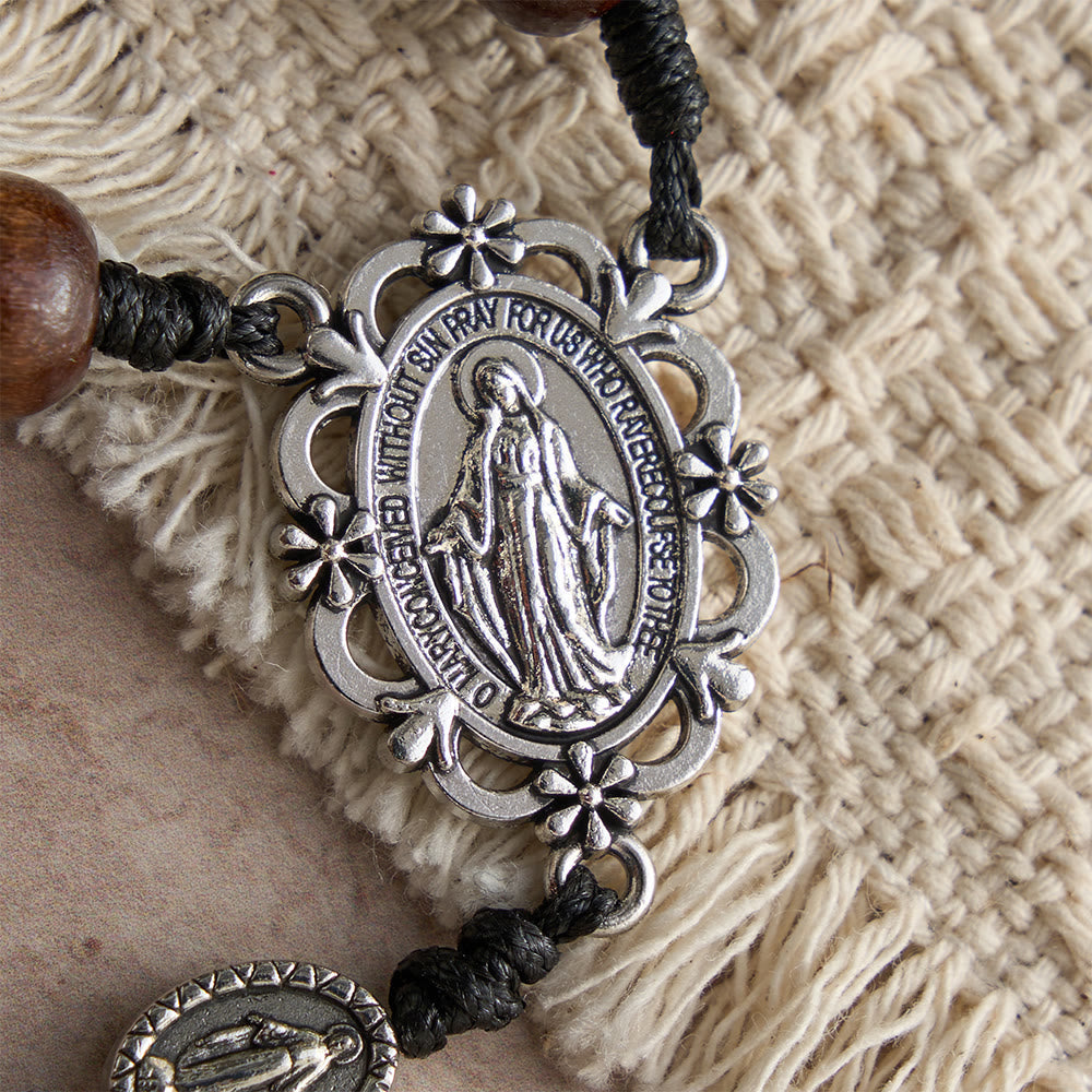 5/15/20 Decade Polished Natural Wood Bead Floral Frame Our Lady & Carved Crucifix Rosary