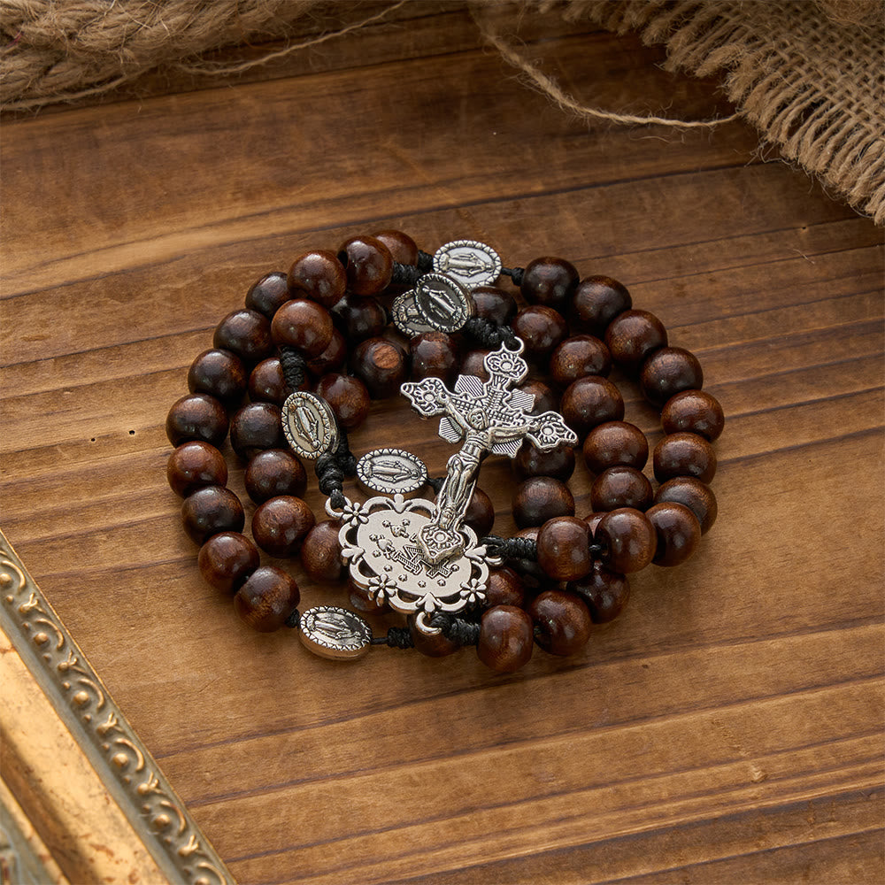 5/15/20 Decade Polished Natural Wood Bead Floral Frame Our Lady & Carved Crucifix Rosary
