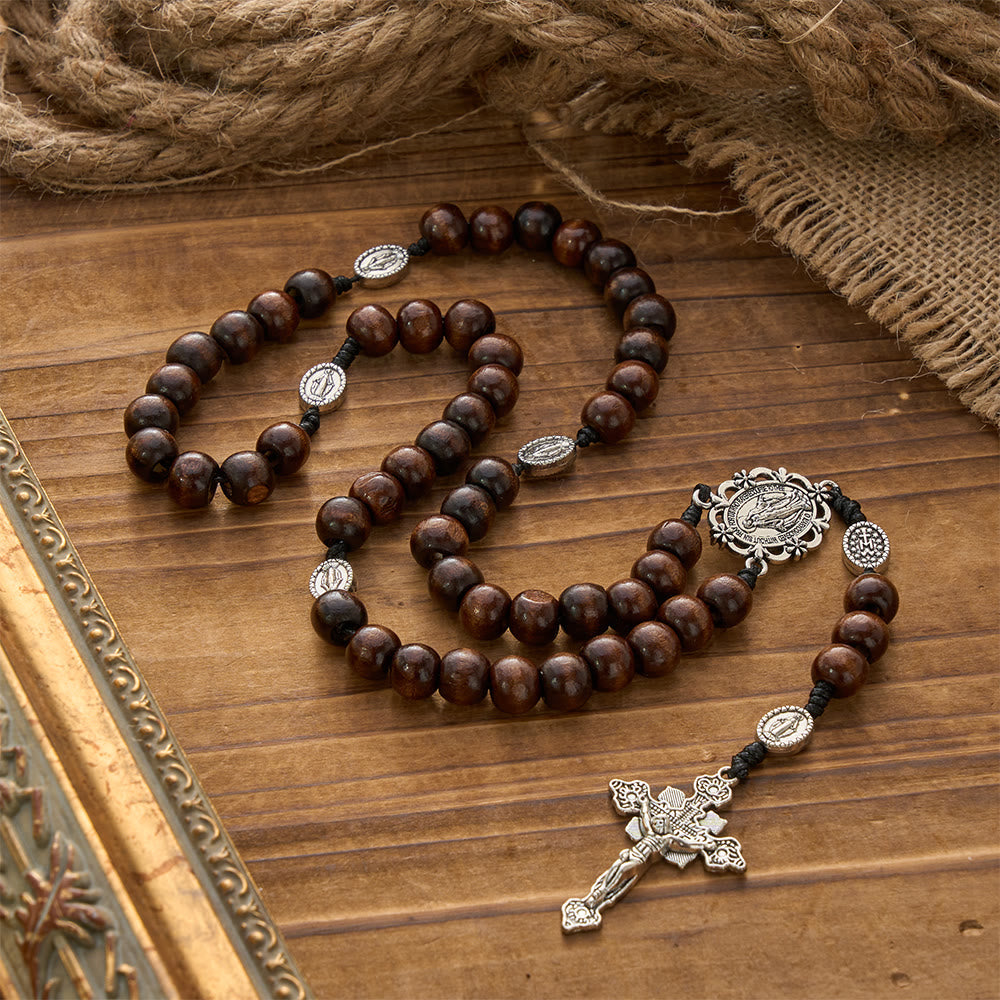 5/15/20 Decade Polished Natural Wood Bead Floral Frame Our Lady & Carved Crucifix Rosary