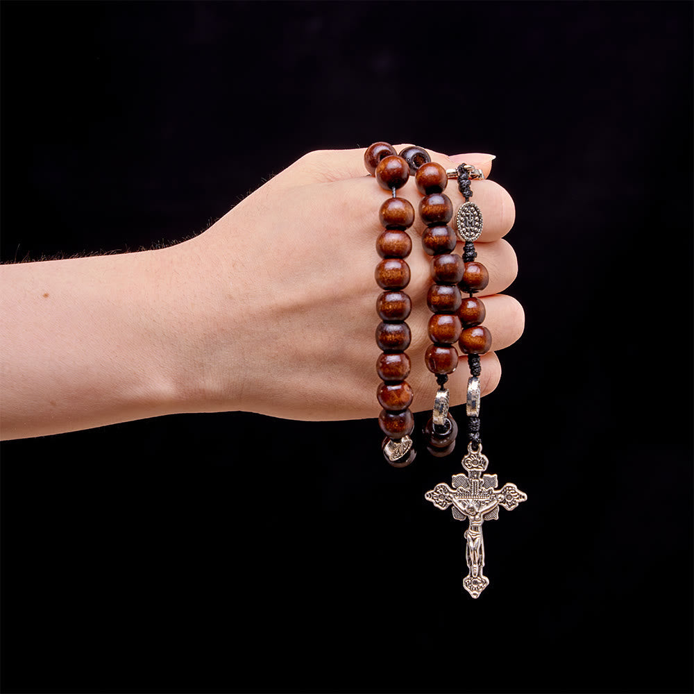 5/15/20 Decade Polished Natural Wood Bead Floral Frame Our Lady & Carved Crucifix Rosary