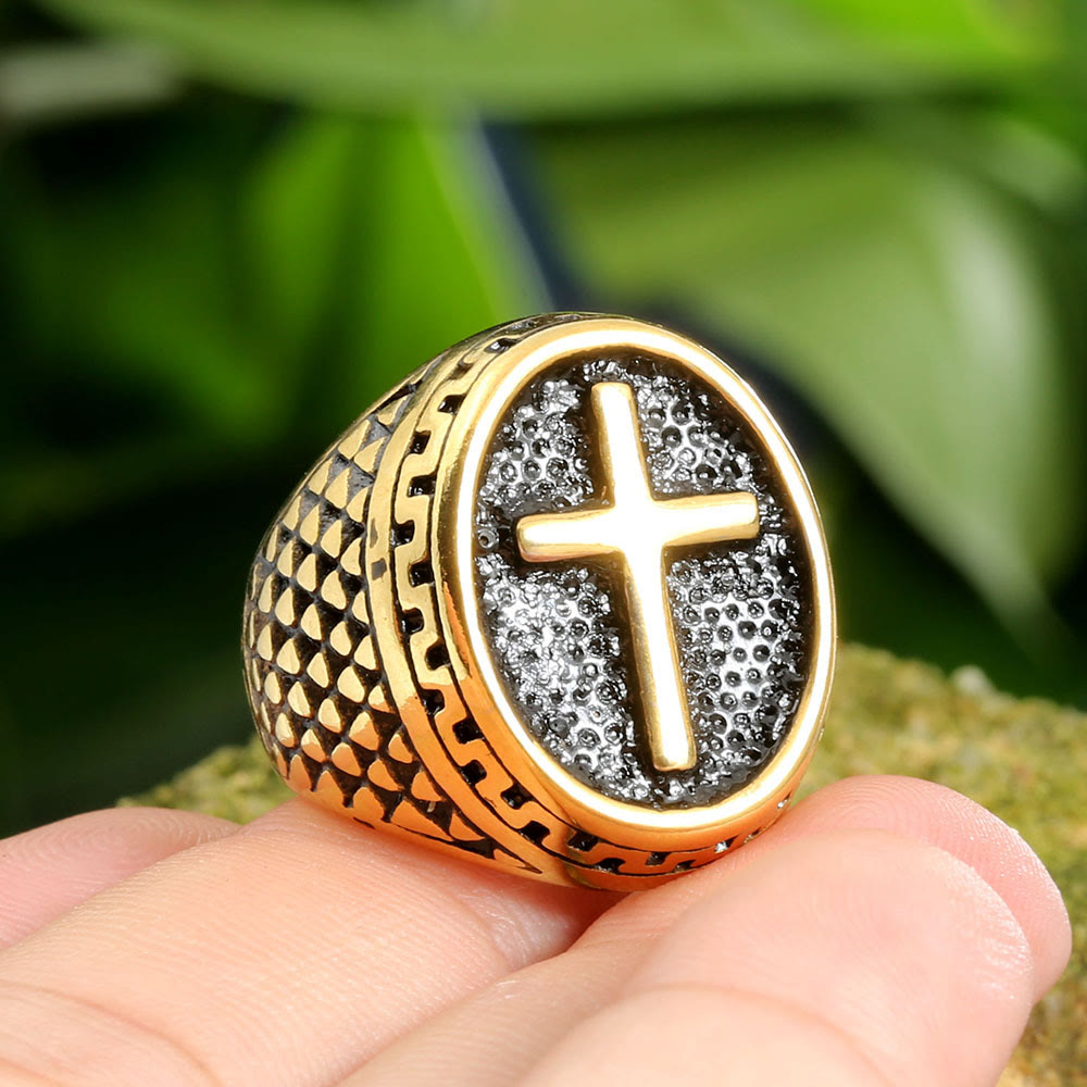 Oval Plaque Raised Cross Textured Side Signet Ring: Timeless Emblem of Unshakable Sacred Faith