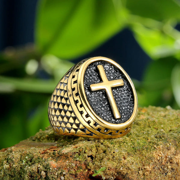 Oval Plaque Raised Cross Textured Side Signet Ring: Timeless Emblem of Unshakable Sacred Faith