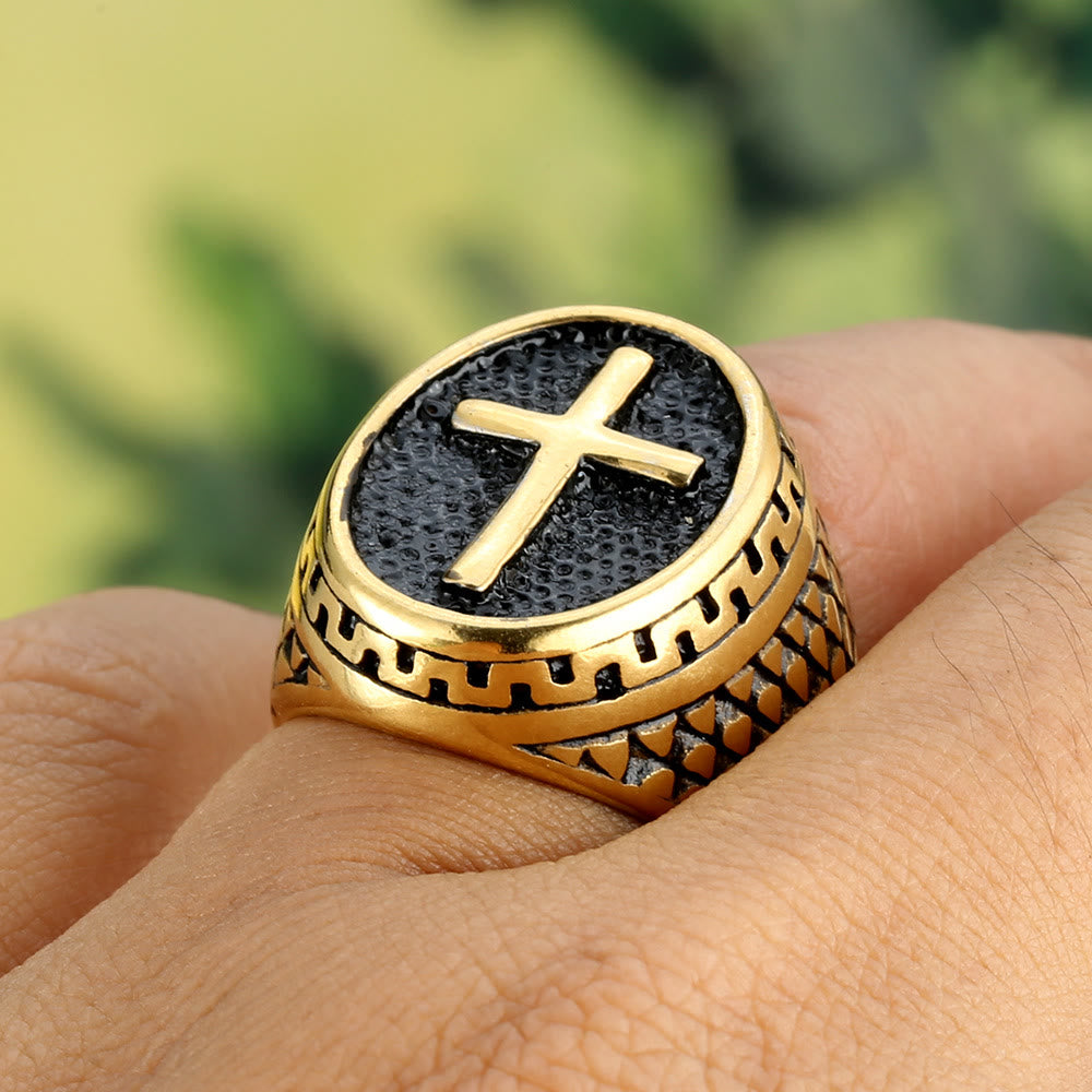Oval Plaque Raised Cross Textured Side Signet Ring: Timeless Emblem of Unshakable Sacred Faith