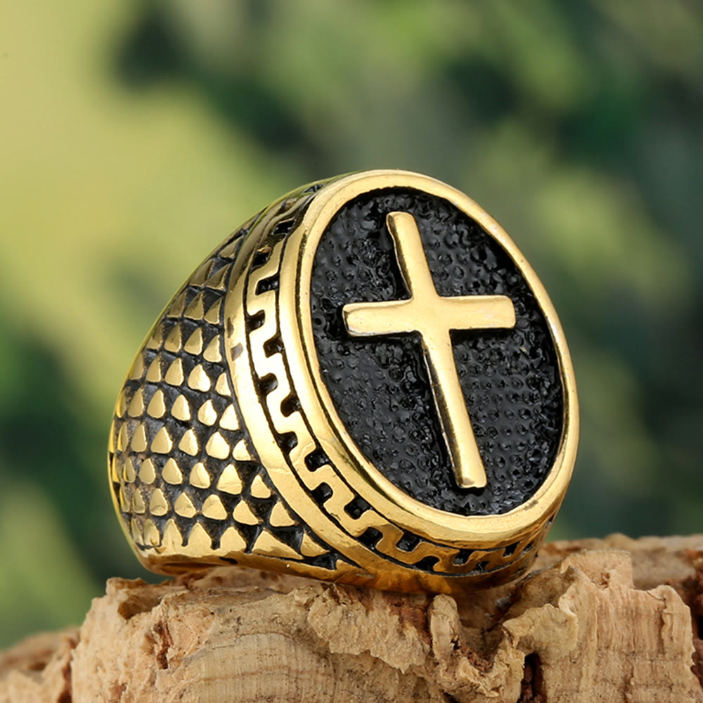 Oval Plaque Raised Cross Textured Side Signet Ring: Timeless Emblem of Unshakable Sacred Faith
