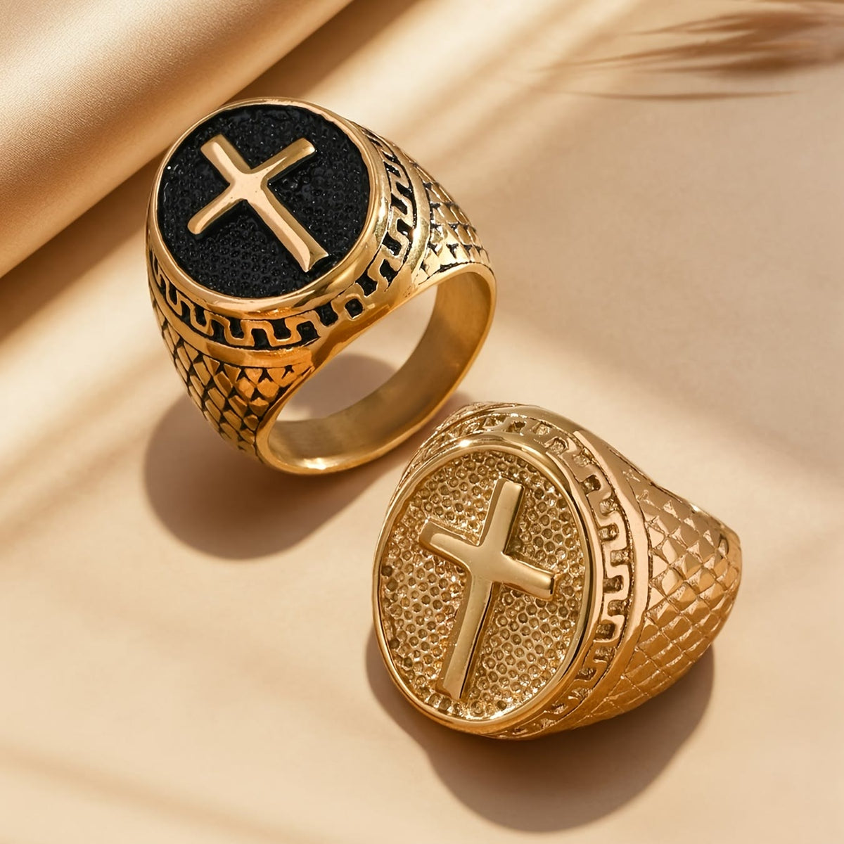 Oval Plaque Raised Cross Textured Side Signet Ring: Timeless Emblem of Unshakable Sacred Faith