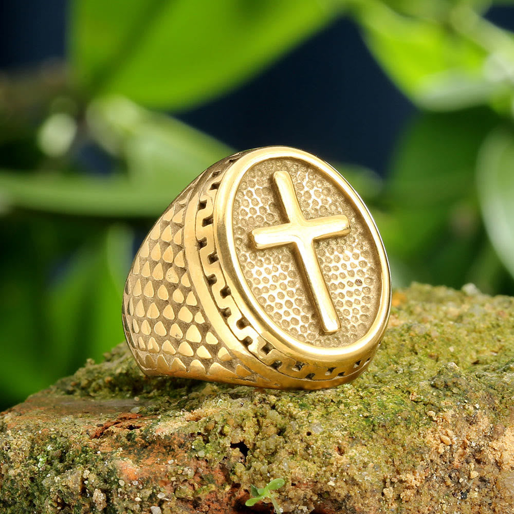 Oval Plaque Raised Cross Textured Side Signet Ring: Timeless Emblem of Unshakable Sacred Faith