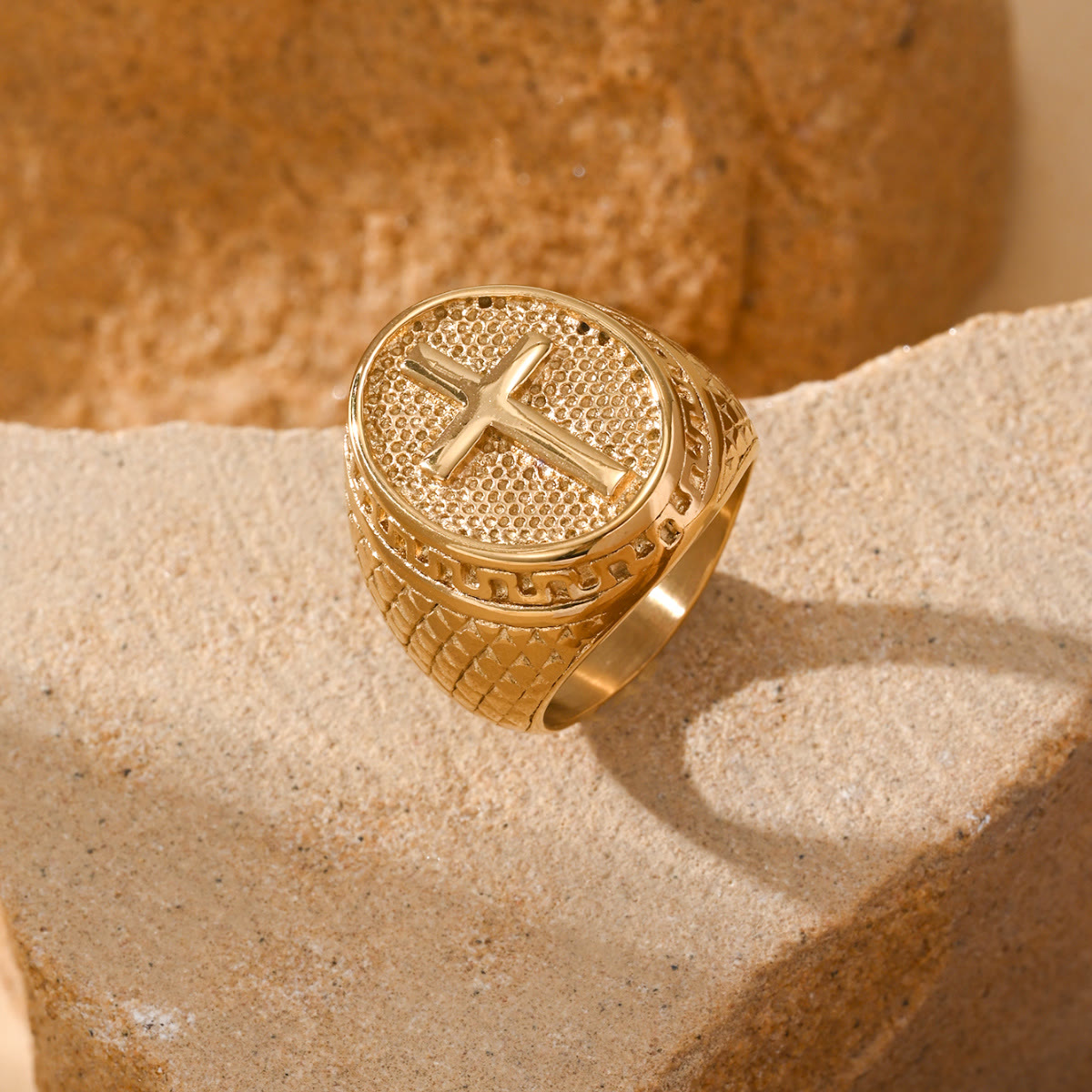 Oval Plaque Raised Cross Textured Side Signet Ring: Timeless Emblem of Unshakable Sacred Faith