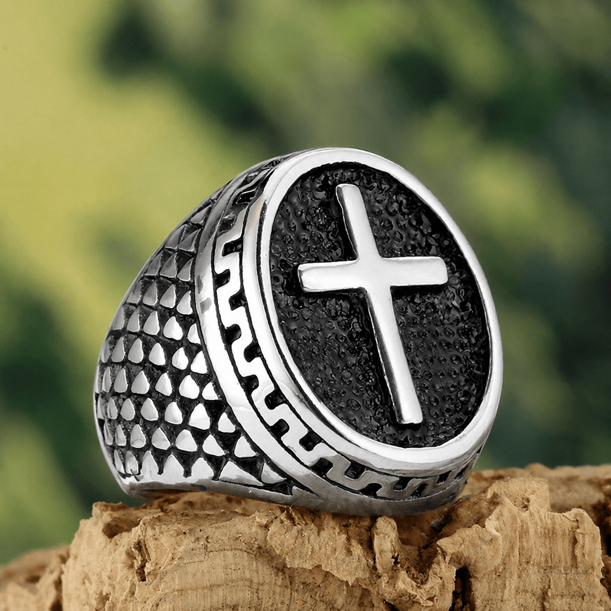 Oval Plaque Raised Cross Textured Side Signet Ring: Timeless Emblem of Unshakable Sacred Faith